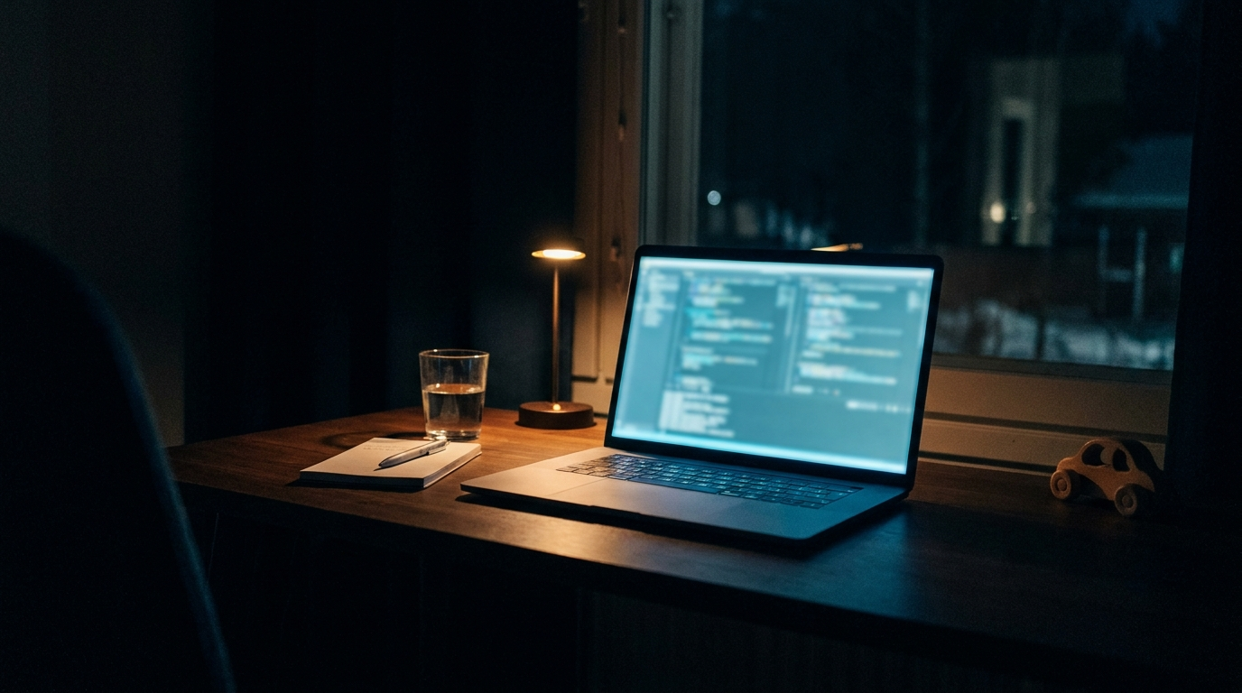 A laptop, desk lamp, and notebook on a desk by the window at night