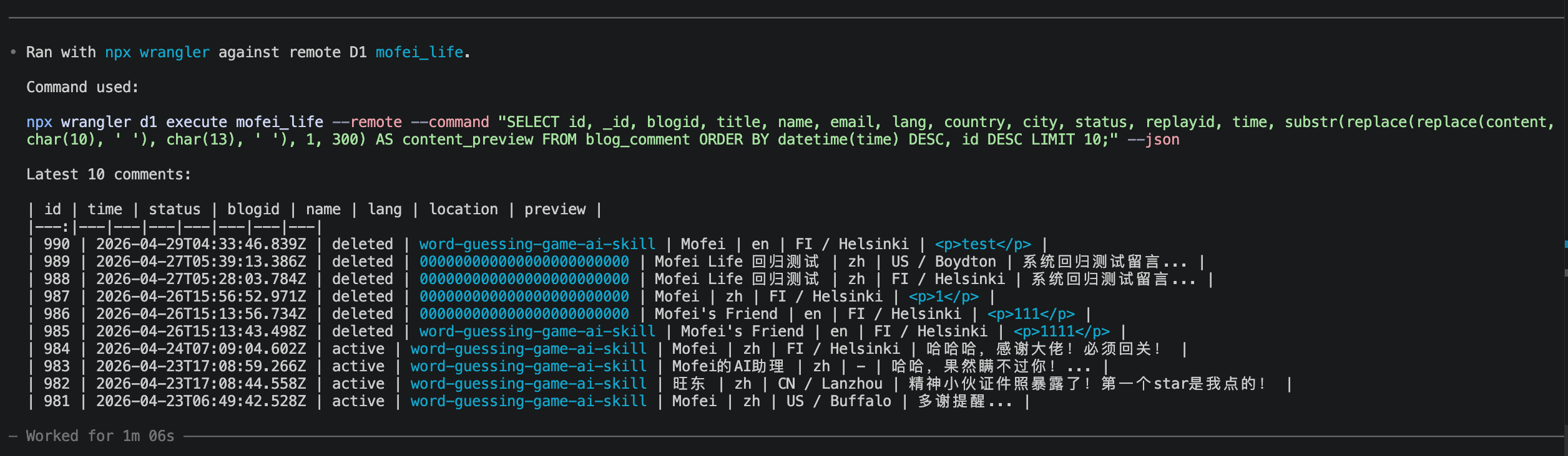 Codex querying remote D1 data through Wrangler