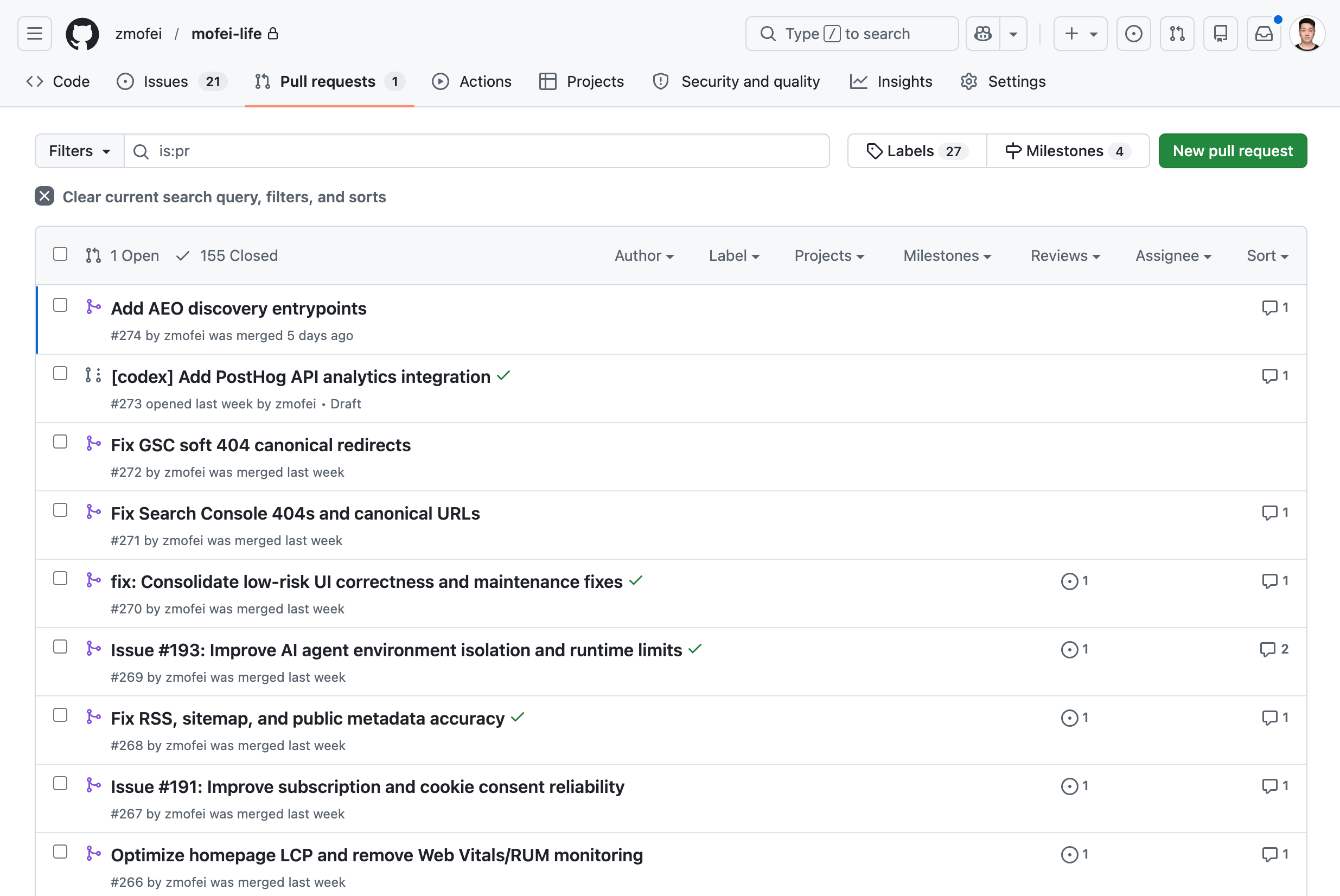 A GitHub PR list with multiple Codex-related PRs