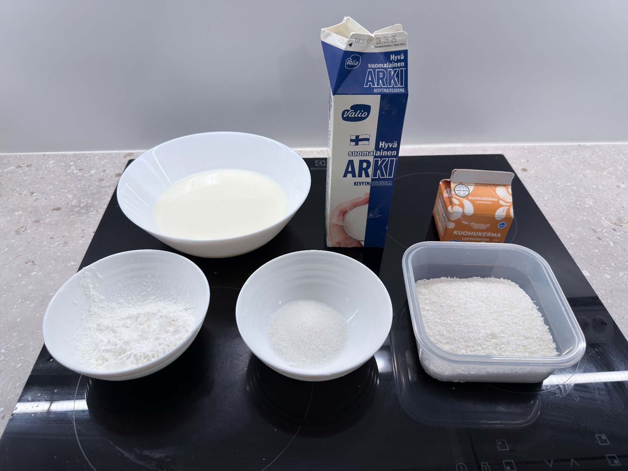 Milk, cream, cornstarch, white sugar, and coconut flakes—these are all the ingredients!